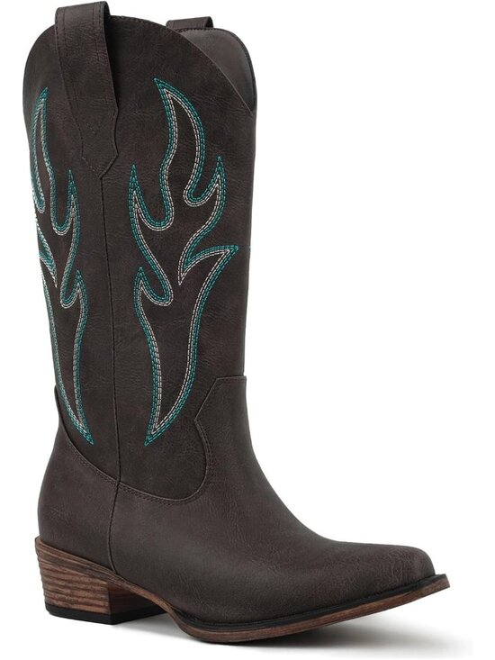 Shoes - Women Dark Brown Mid Calf Cowgirl Boots with Embroidered Pointed Toe Chunky Heel